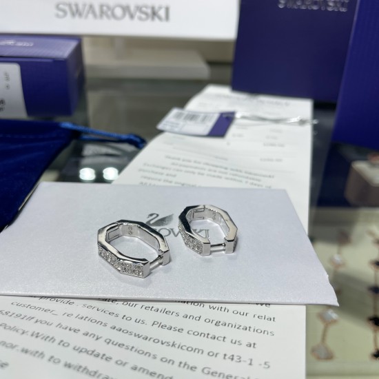 Swarovski Dextera Hoop Earrings Octagon Shape Medium White Silver 5618308